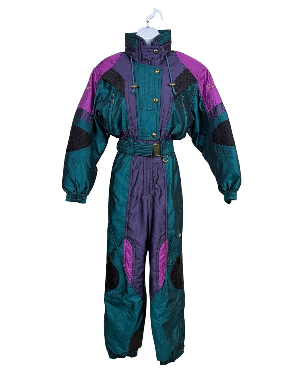 Vintage 90s Descente Ski Suit Womens 4 Teal Purple One Piece Snowsuit Belted